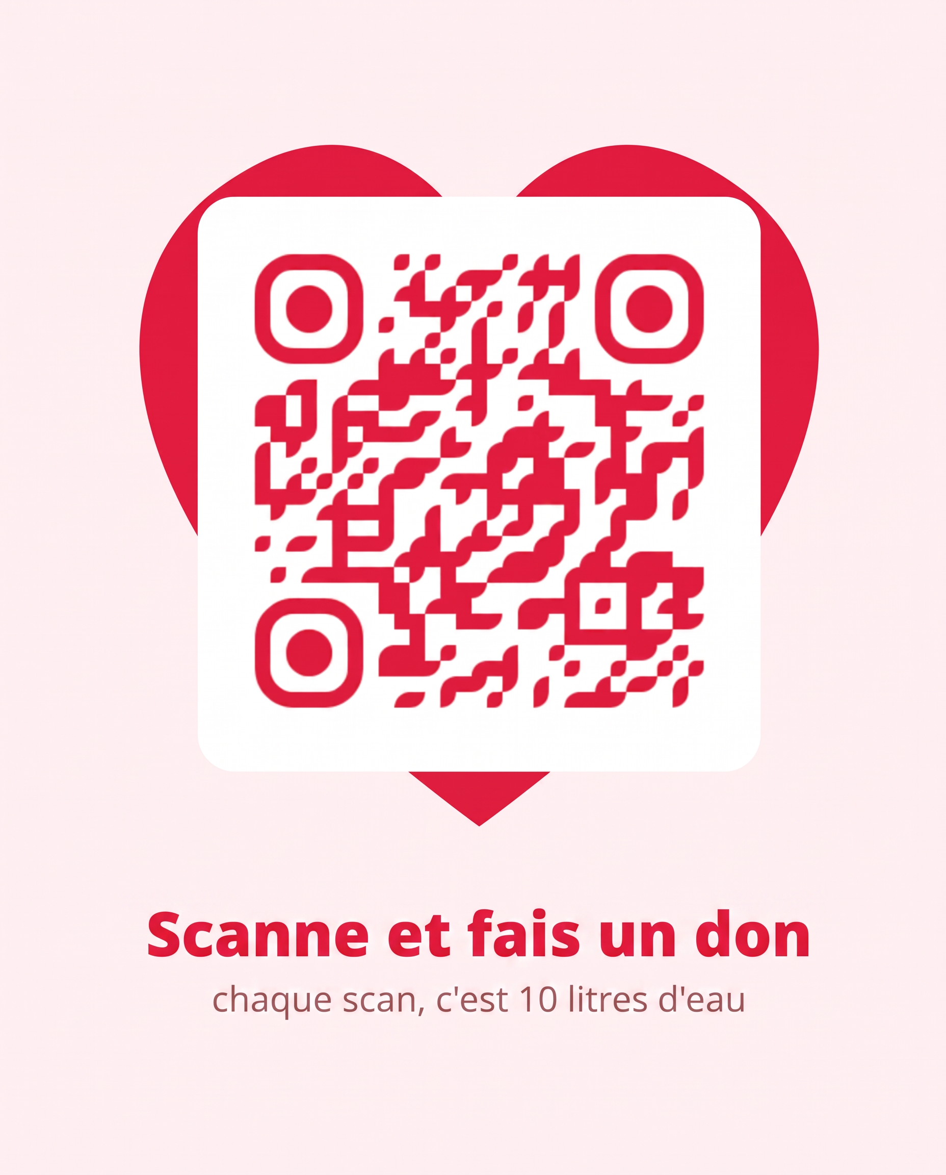 QR code rouge sur une carte blanche dans un cœur rouge géant, avec le texte Scannez et faites un don