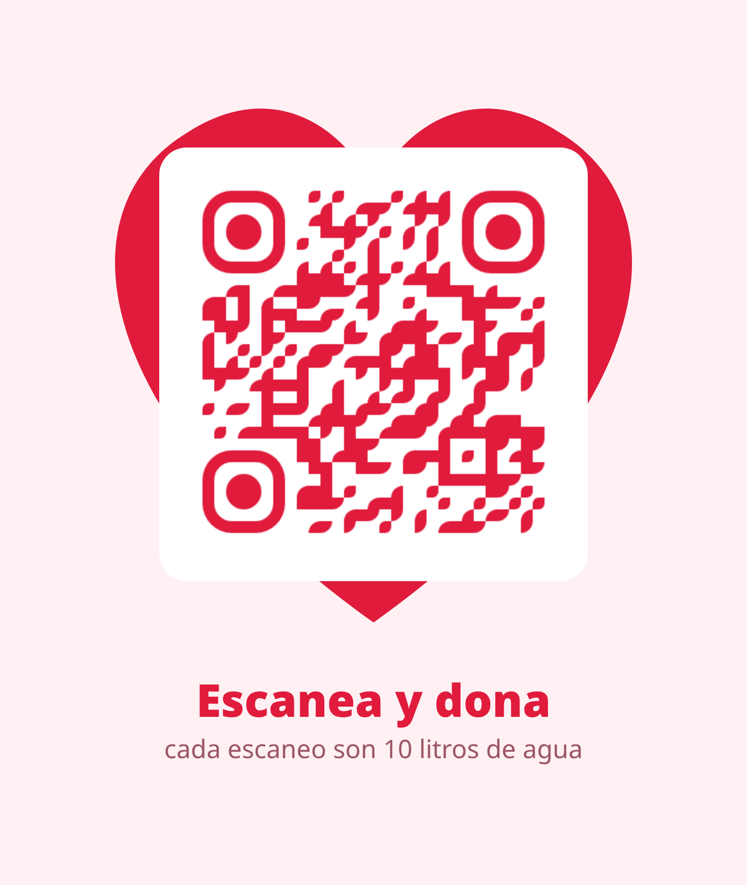 Código QR rojo dentro de una tarjeta blanca sobre un corazón rojo gigante, con el texto Escanea y dona