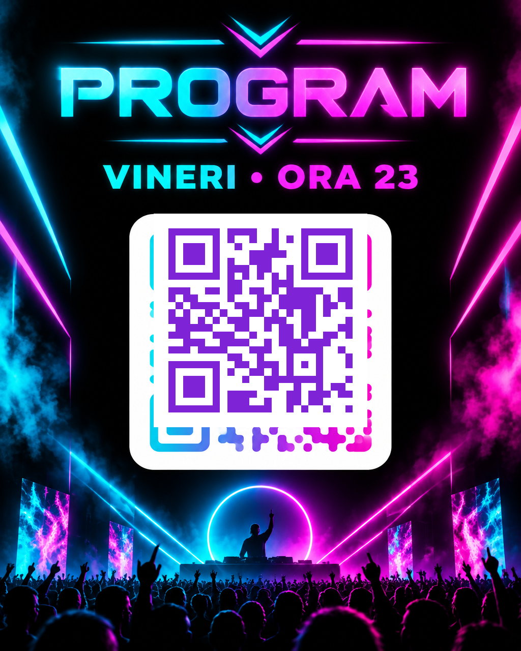 Cod QR cu degrade turcoaz spre magenta pe card alb, într-un afiș negru cu strălucire neon și cuvântul LINEUP