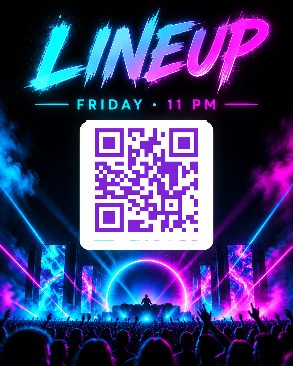 QR code with turquoise to magenta gradient on a white card, in a black poster with neon glow and the word LINEUP