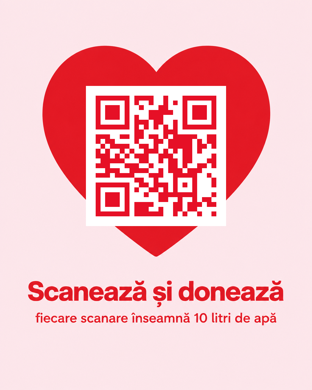 Cod QR roșu pe un card alb peste o inimă roșie uriașă, cu textul Scanează și donează