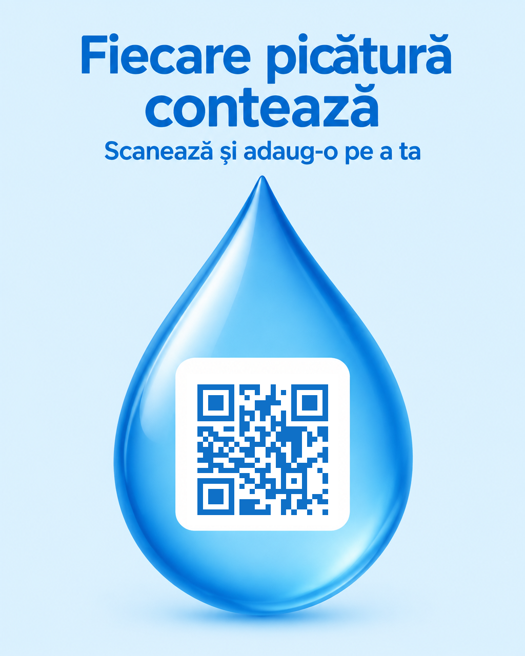 Cod QR albastru pe card alb într-o picătură de apă albastră uriașă, cu textul Fiecare picătură contează