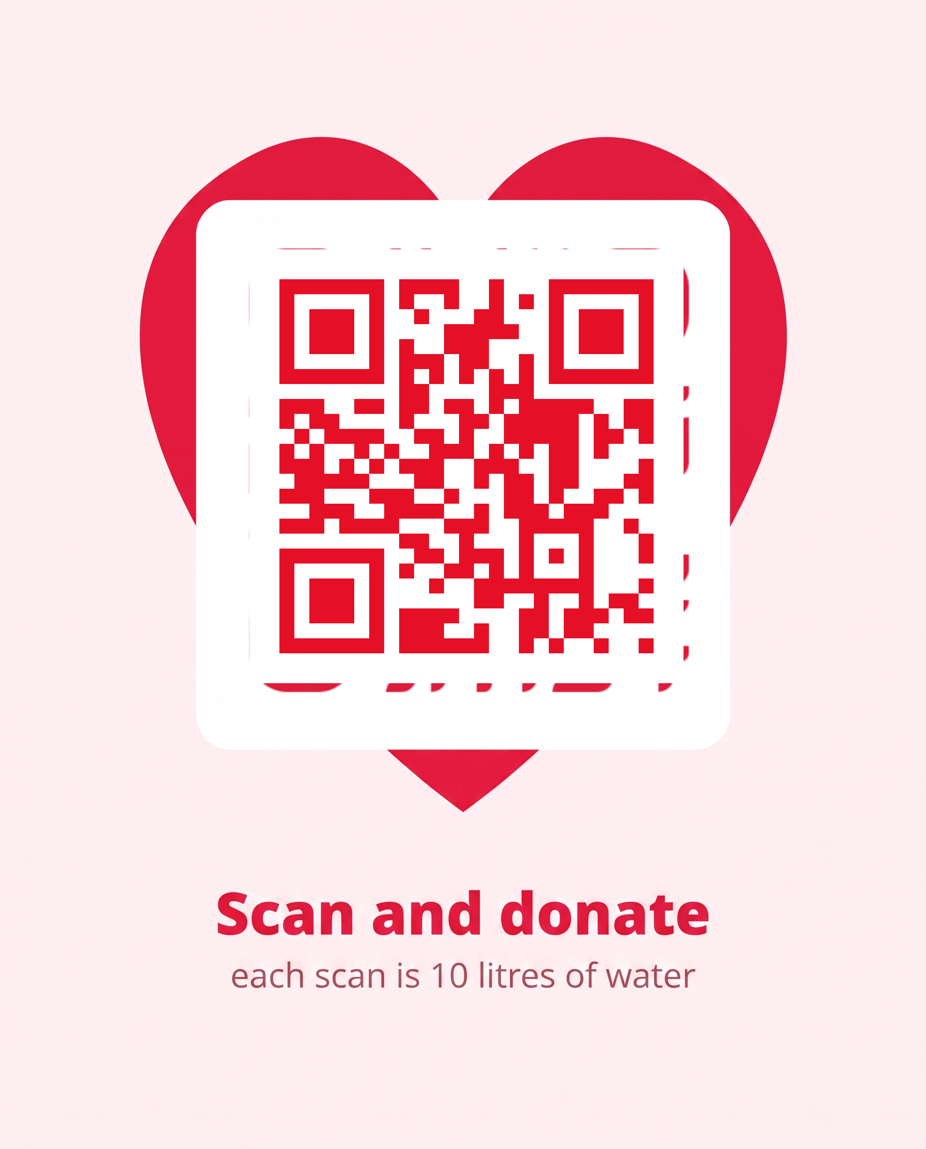 Red QR code on a white card over a giant red heart, with the text Scan and donate