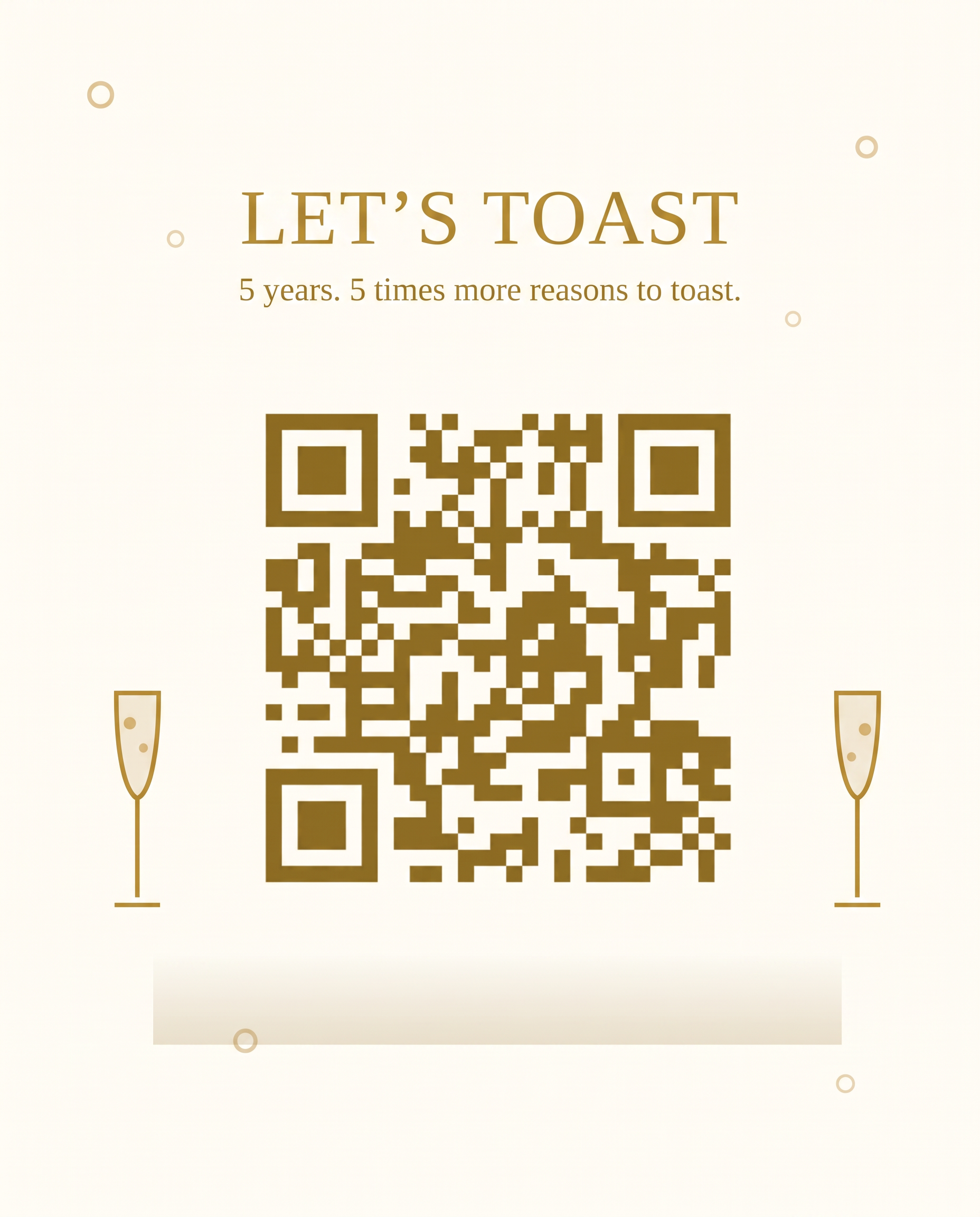 Golden QR code flanked by two champagne glasses with bubbles, under a celebratory headline