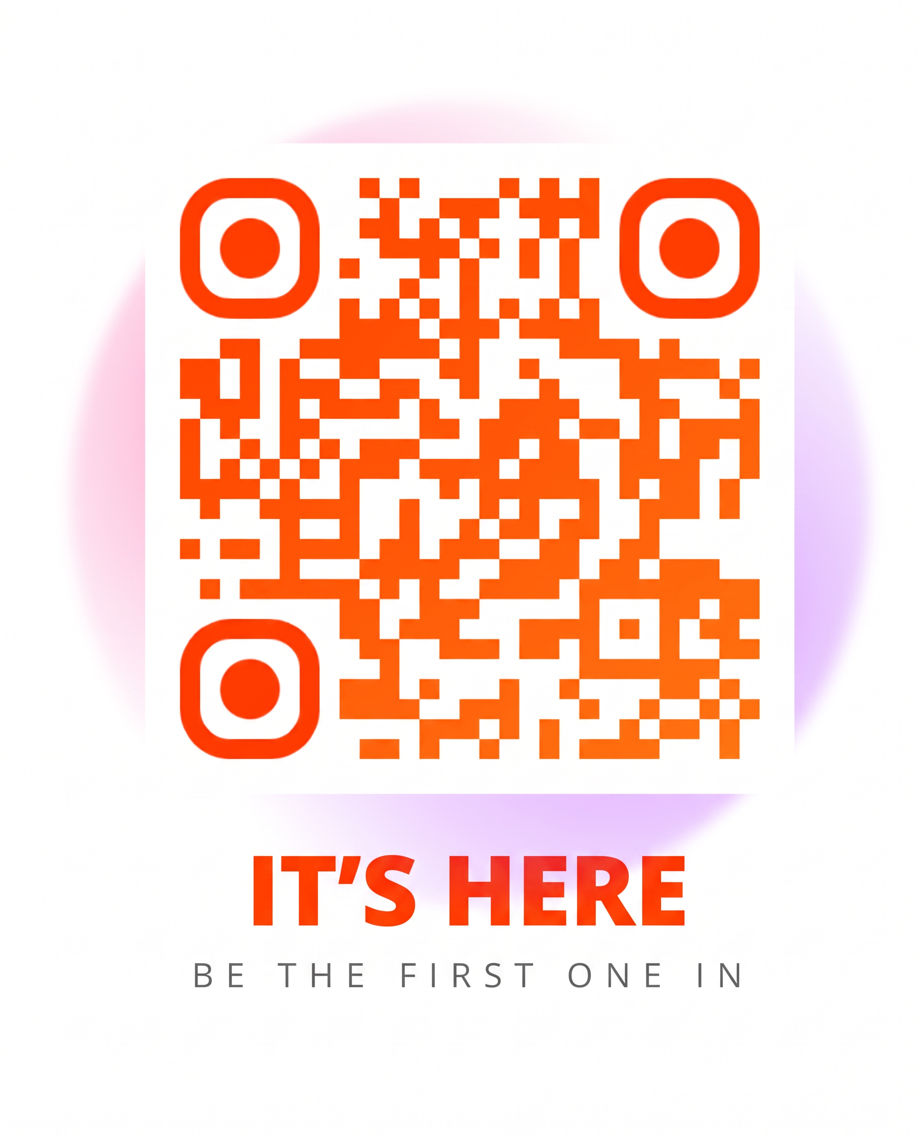 QR code made of orange dots over a pink and purple paint splash, with large lettering