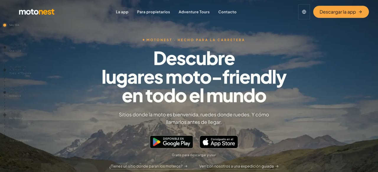 Pantalla principal de la app Motonest para encontrar lugares moto-friendly en todo el mundo