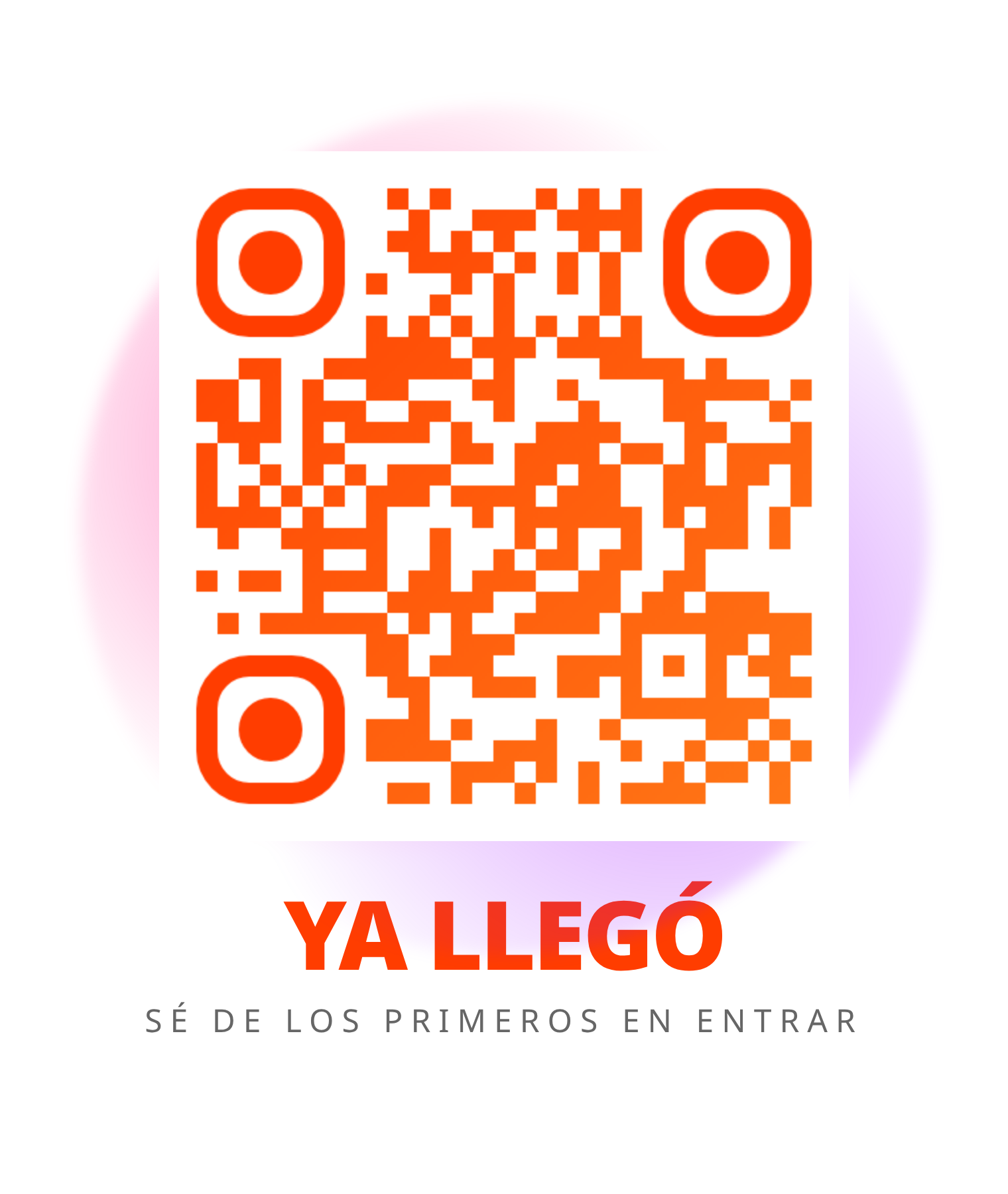Código QR de puntos naranjas sobre una mancha de pintura rosa y morada, con la palabra YA LLEGÓ en letras grandes