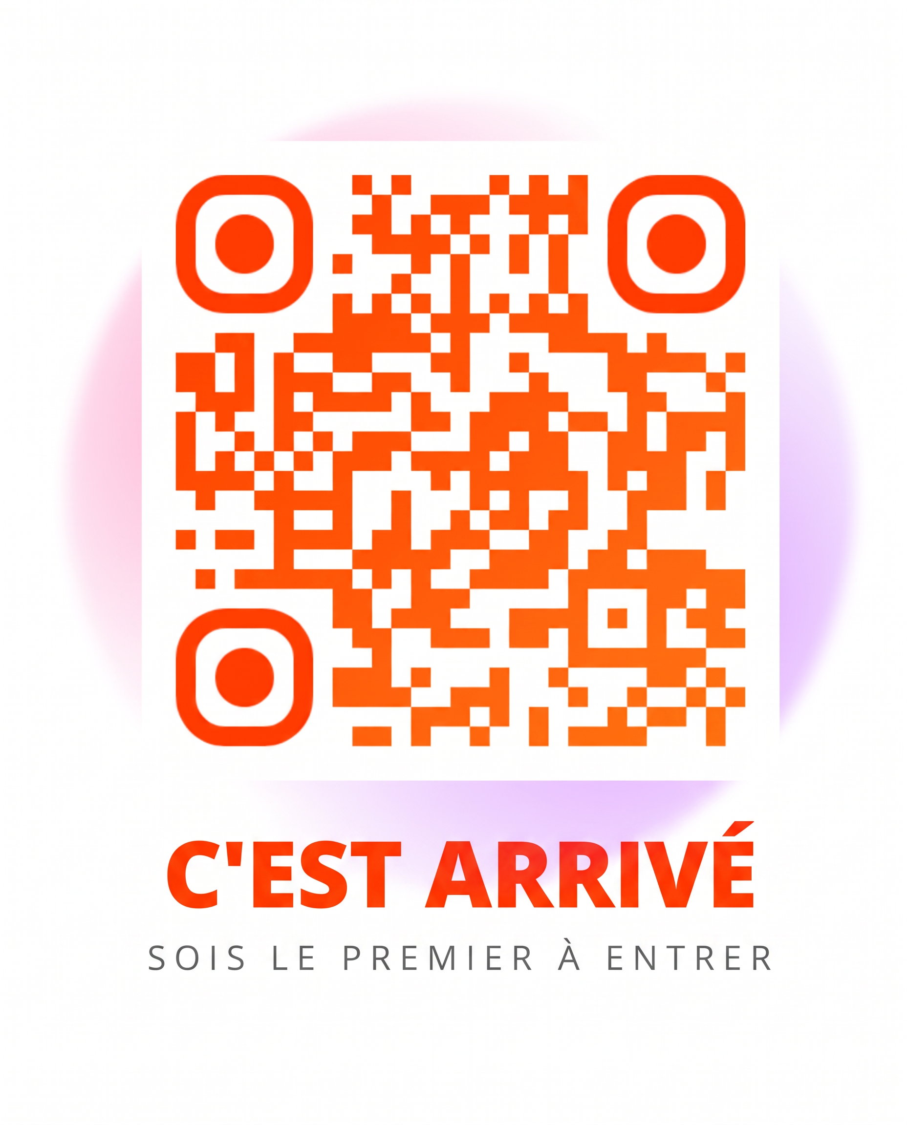 QR code en points orange sur une tache de peinture rose et violette, avec de grandes lettres