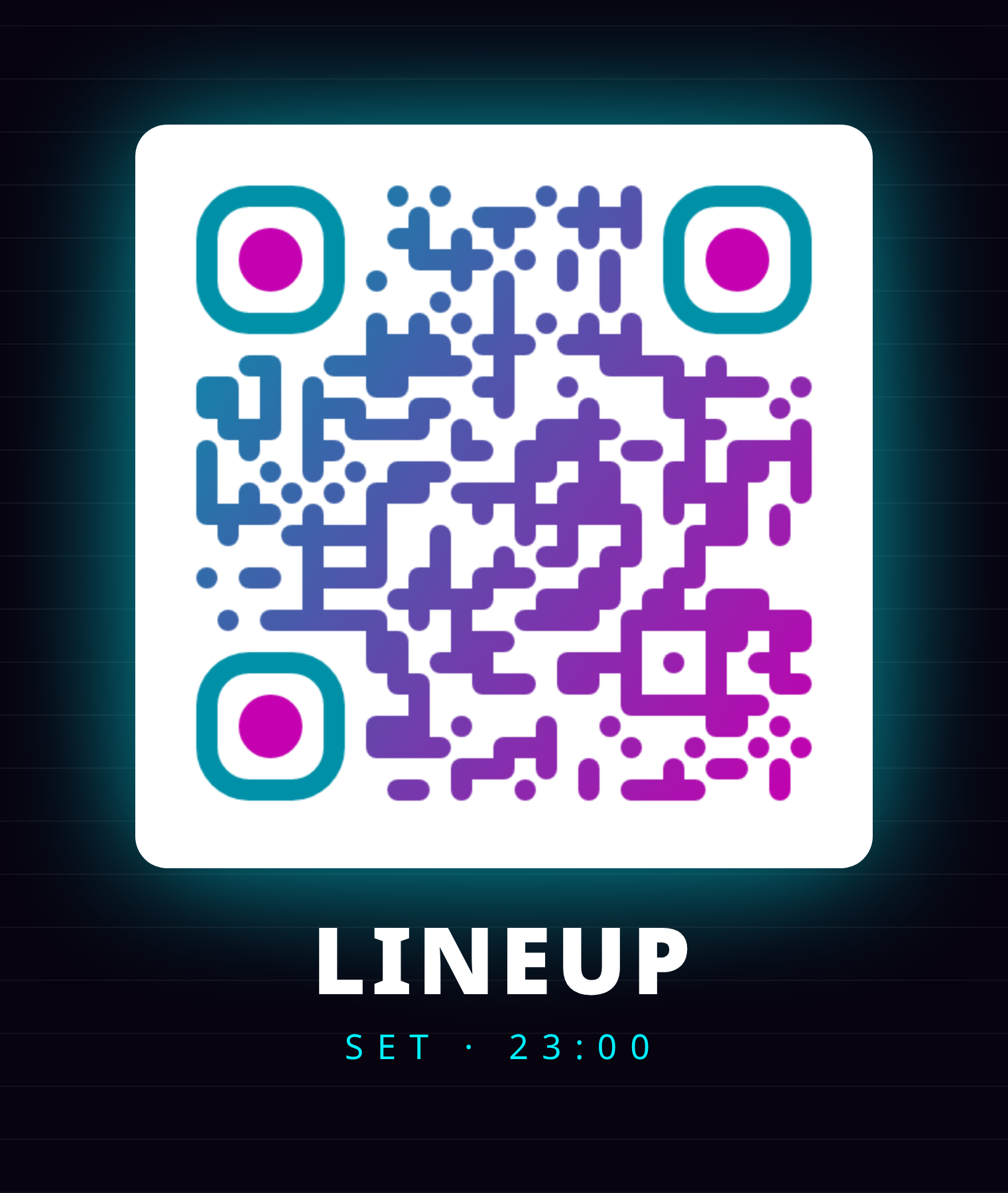 Código QR con degradado turquesa a magenta sobre tarjeta blanca, en un afiche negro con resplandor neón y la palabra LINEUP
