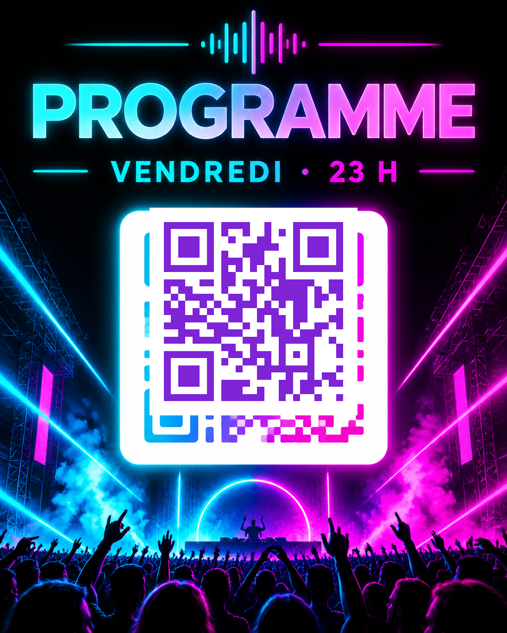QR code au dégradé turquoise vers magenta sur carte blanche, dans une affiche noire avec lueur néon et le mot LINEUP