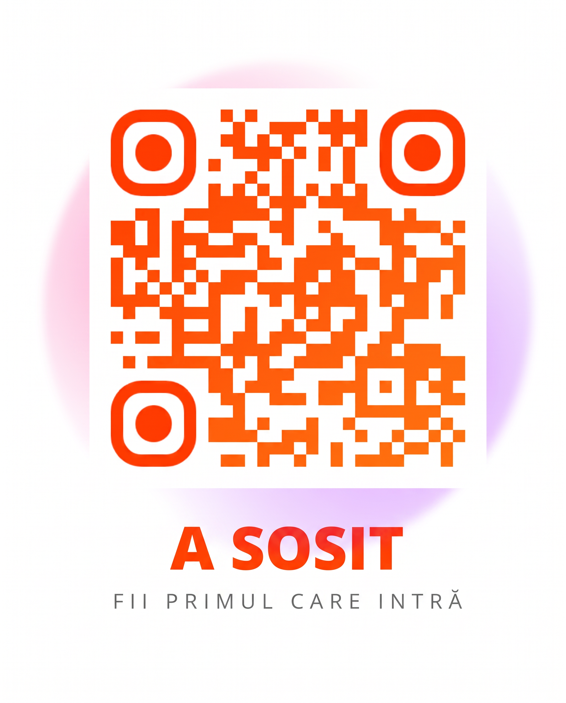Cod QR din puncte portocalii peste o pată de vopsea roz și mov, cu litere mari