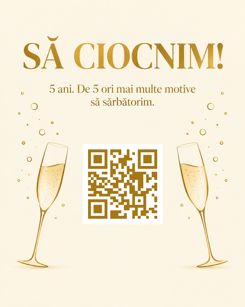Cod QR auriu flancat de două pahare de șampanie cu bule, sub un titlu festiv