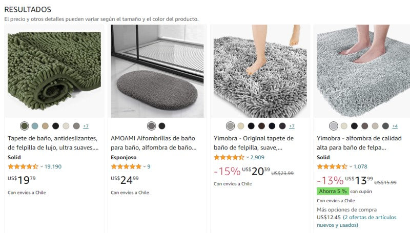 Example search on Amazon for shaggy rugs, showing the fluffy texture with feet on them or dimensions
