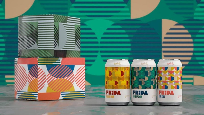 Boxes and soda cans with colorful designs