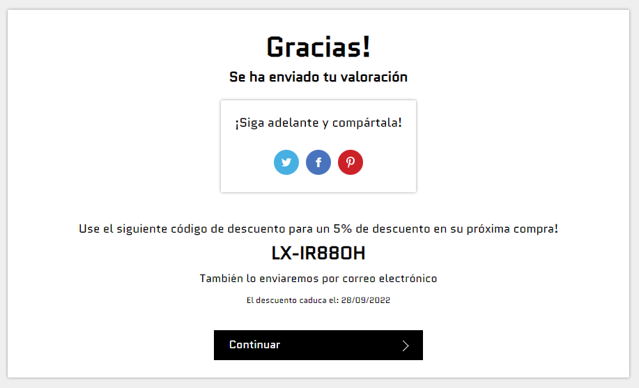 Example of an email with a discount code for the customer, sent after leaving a product review.