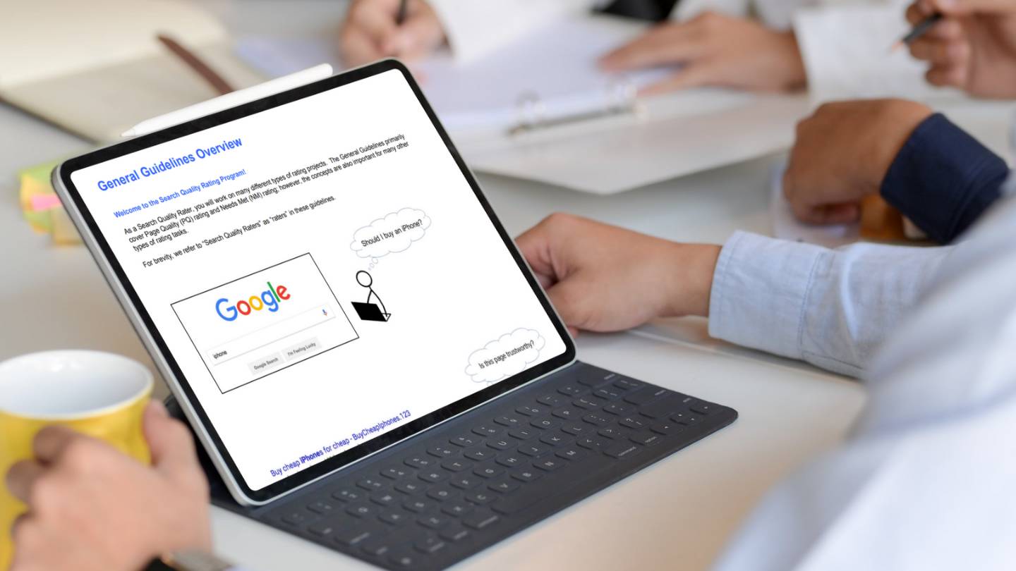 A person with a tablet with a keyboard on a table, looking at Google's guidelines on their screen. In their left hand, they hold a cup.