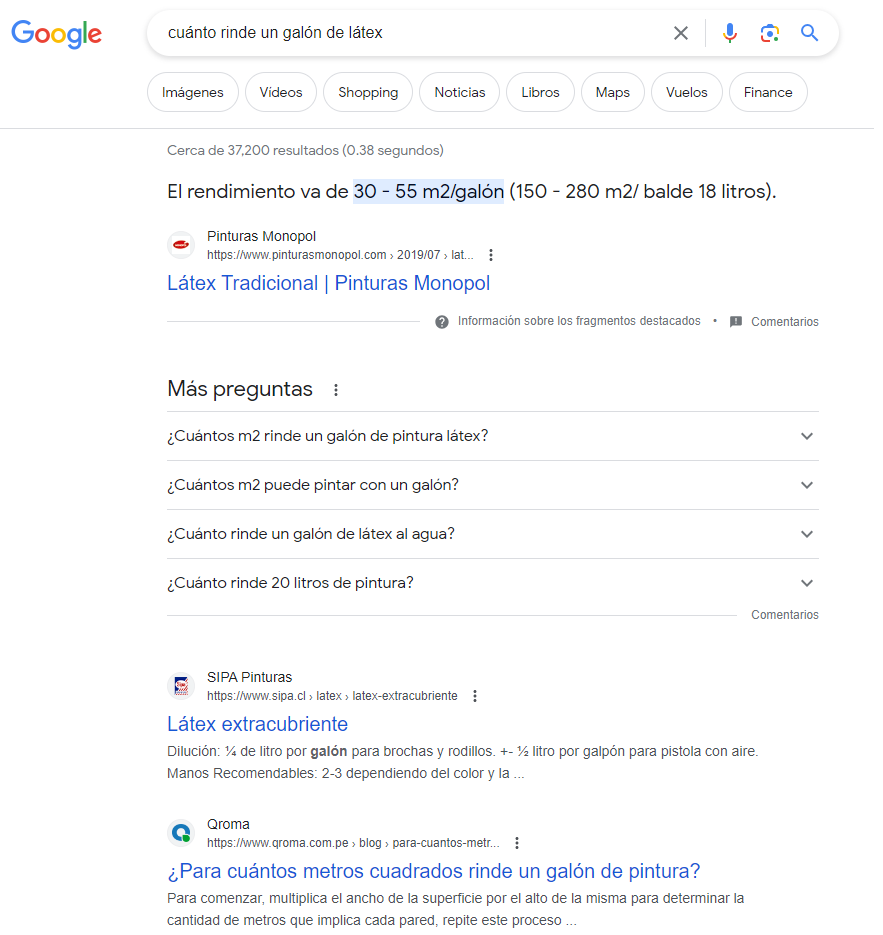 Screenshot example of Google search results for the keyword "how much does a gallon of latex cover".