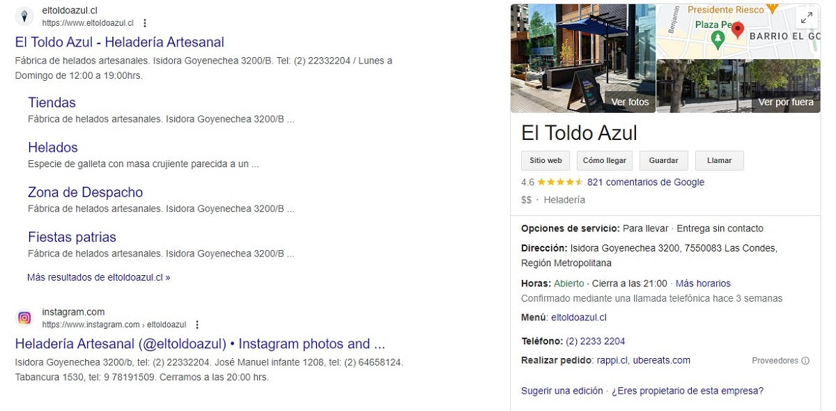 Image of a company's Business Profile that appears when searching on Google.