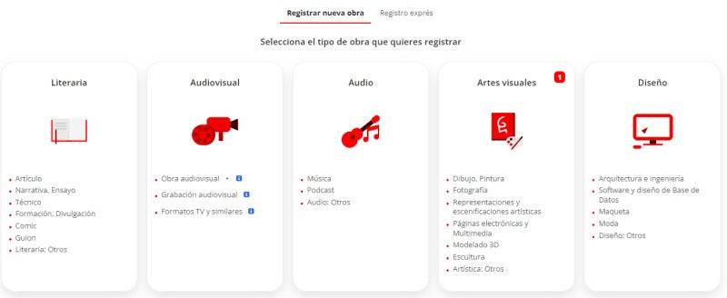 Works that can be registered: literary, audiovisual, audio, visual arts, and design.