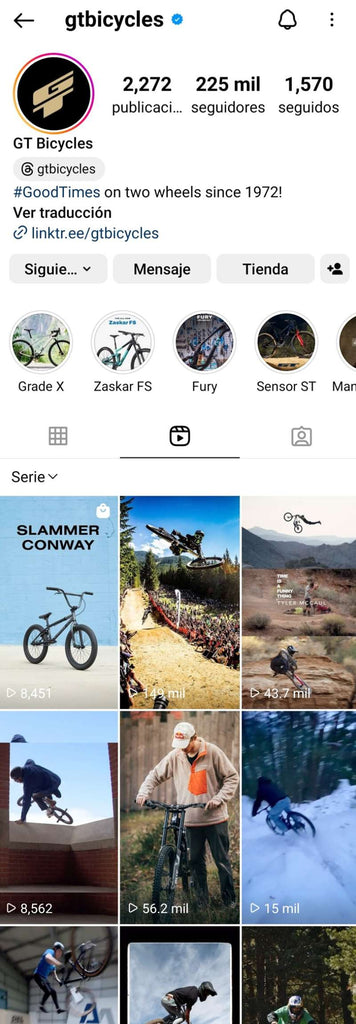 Example of a bicycle brand's Instagram profile showing various videos about its products.