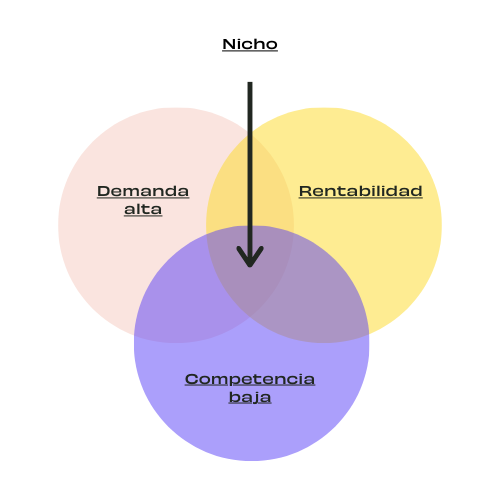 Diagram of three circles of different colors to explain how a market niche is identified.