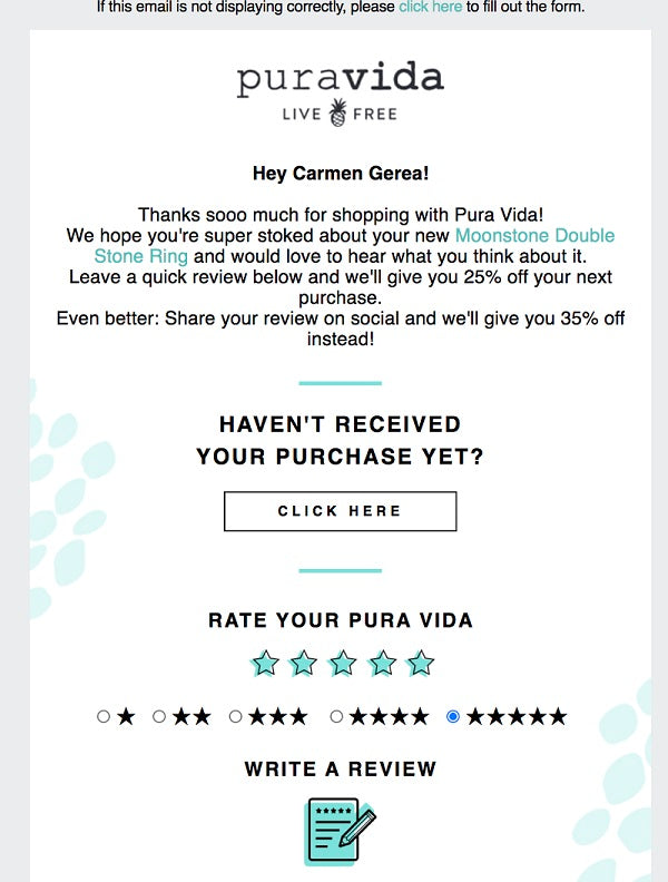 Example of an email invitation to leave a product review in exchange for a discount on the next purchase.