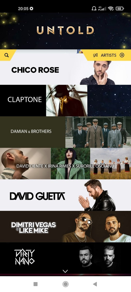 Screenshot of the UNTOLD app with the artist lineup