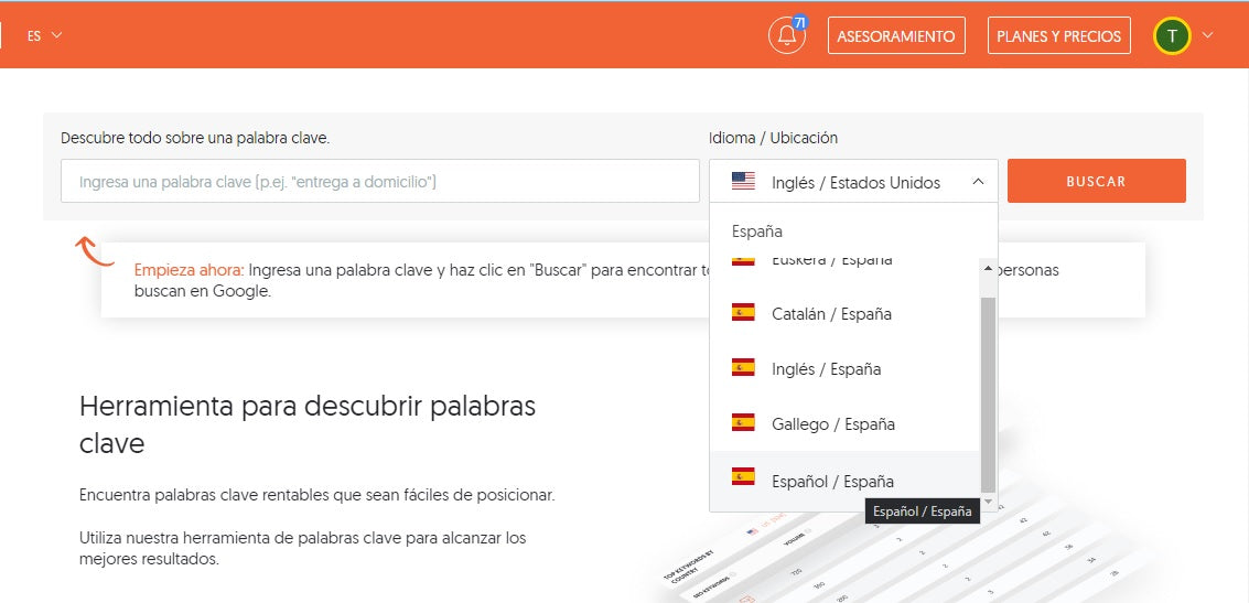Screenshot of the Ubersuggest tool, searching for country and language.