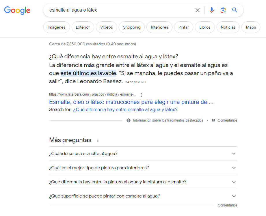 Screenshot example of Google search results for the keywords "water-based enamel or latex".