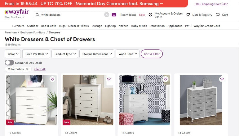 Image of a search on Wayfair.com
