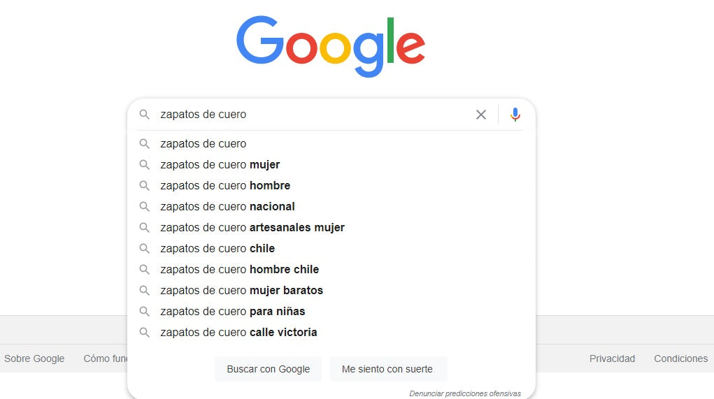 Example of a Google search and the variants it suggests for a term.
