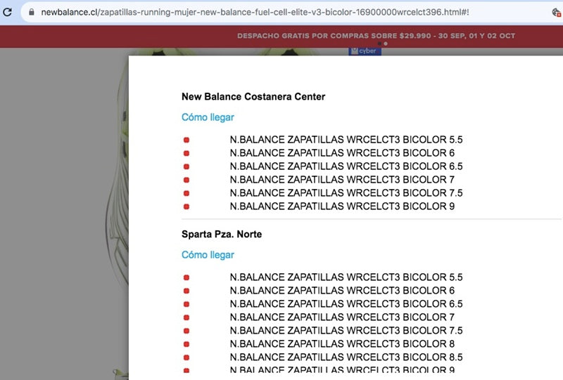 Pantallazo del sitio web de New Balance donde aparece un pop up que informa en una lista los lugares donde está en stock un par de zapatillas verdes de running que se ven en segundo plano.