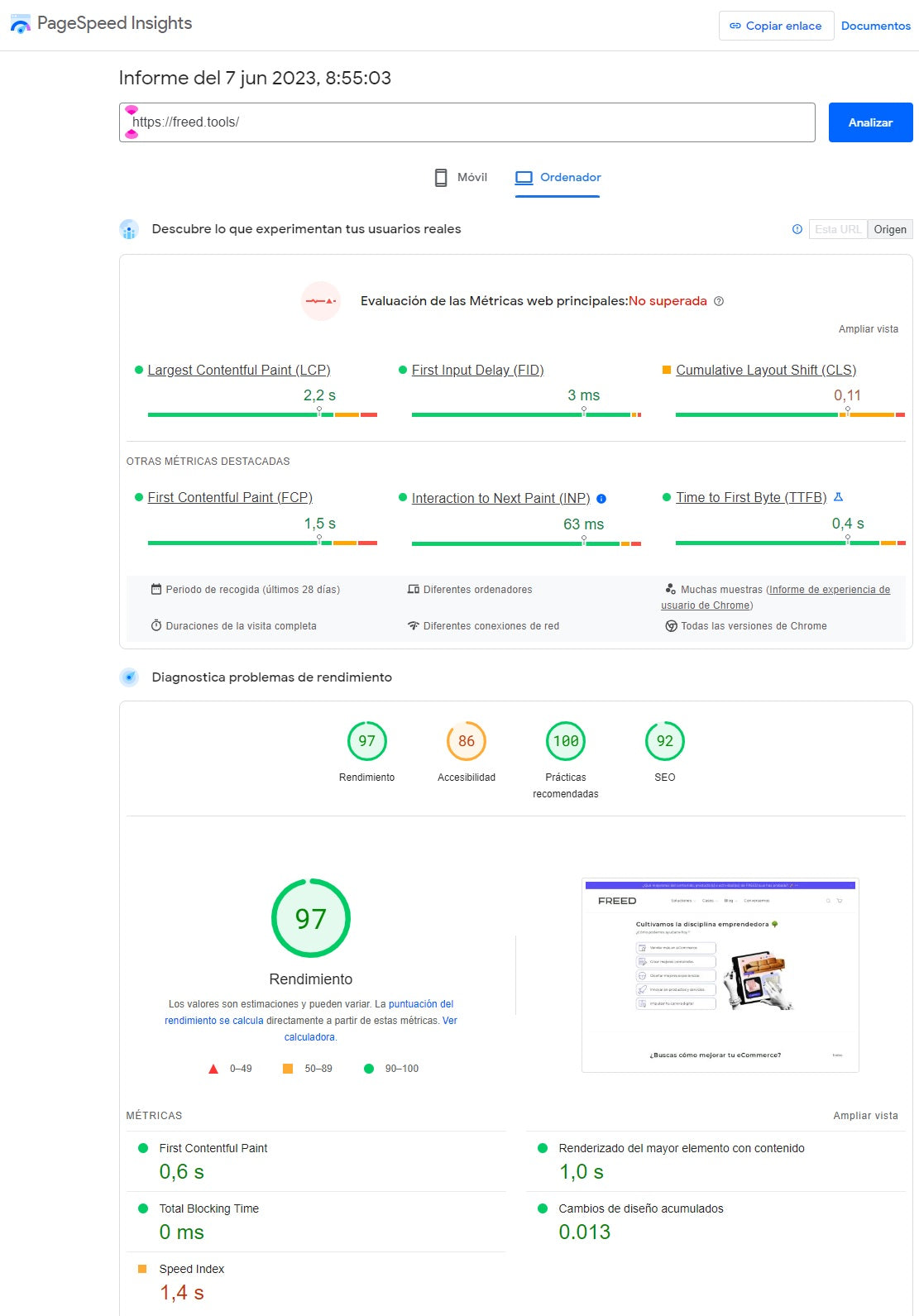 Example of a website diagnosis using Google PageSpeed Insights.