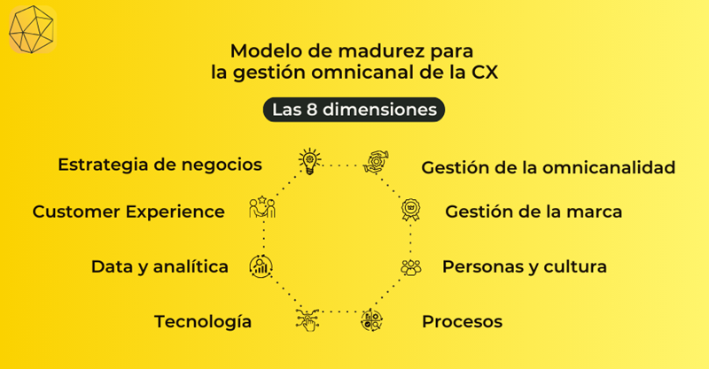 Diagram showing the 8 dimensions of the maturity model for CX management