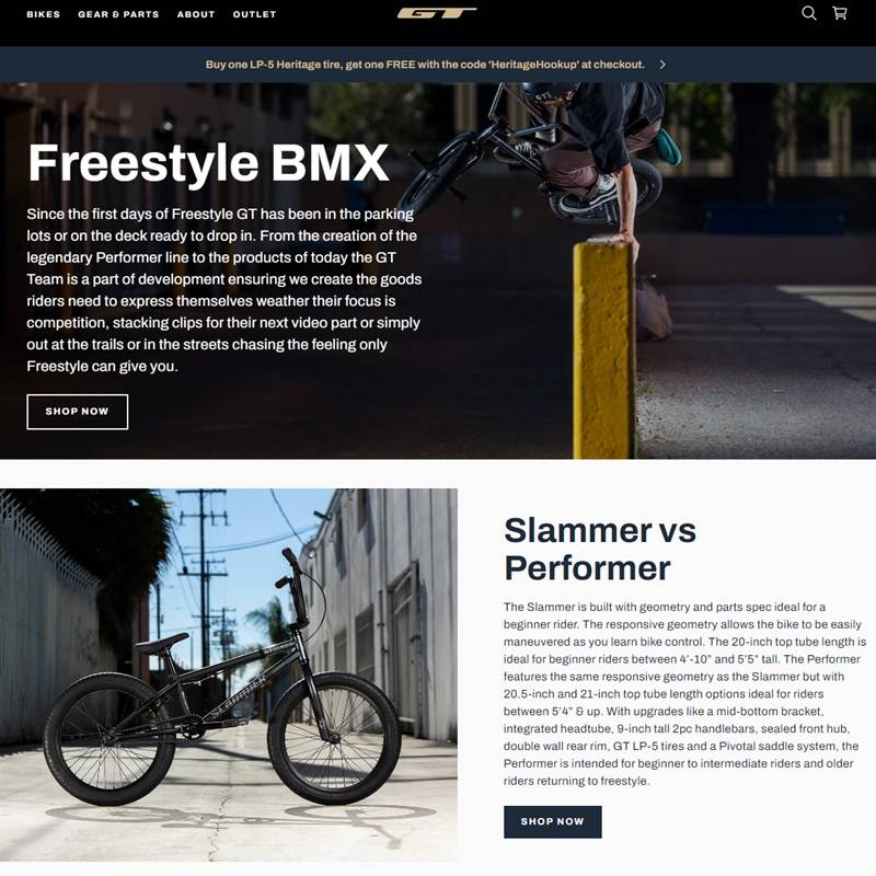 An example of a bicycle brand landing page where the texts and photographs specifically talk about BMX bikes.