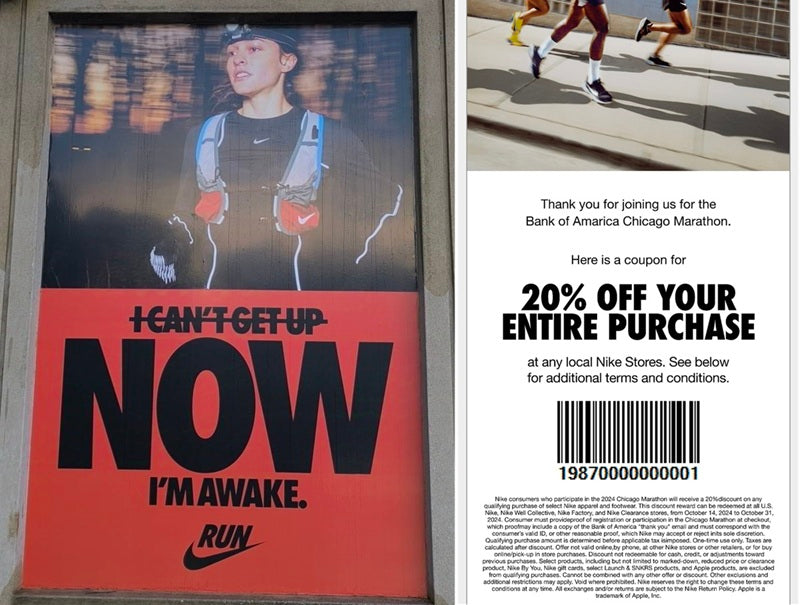 Collage between a Nike advertisement featuring a photo of a woman running and a motivational message, and a screenshot of a discount promotion received via email