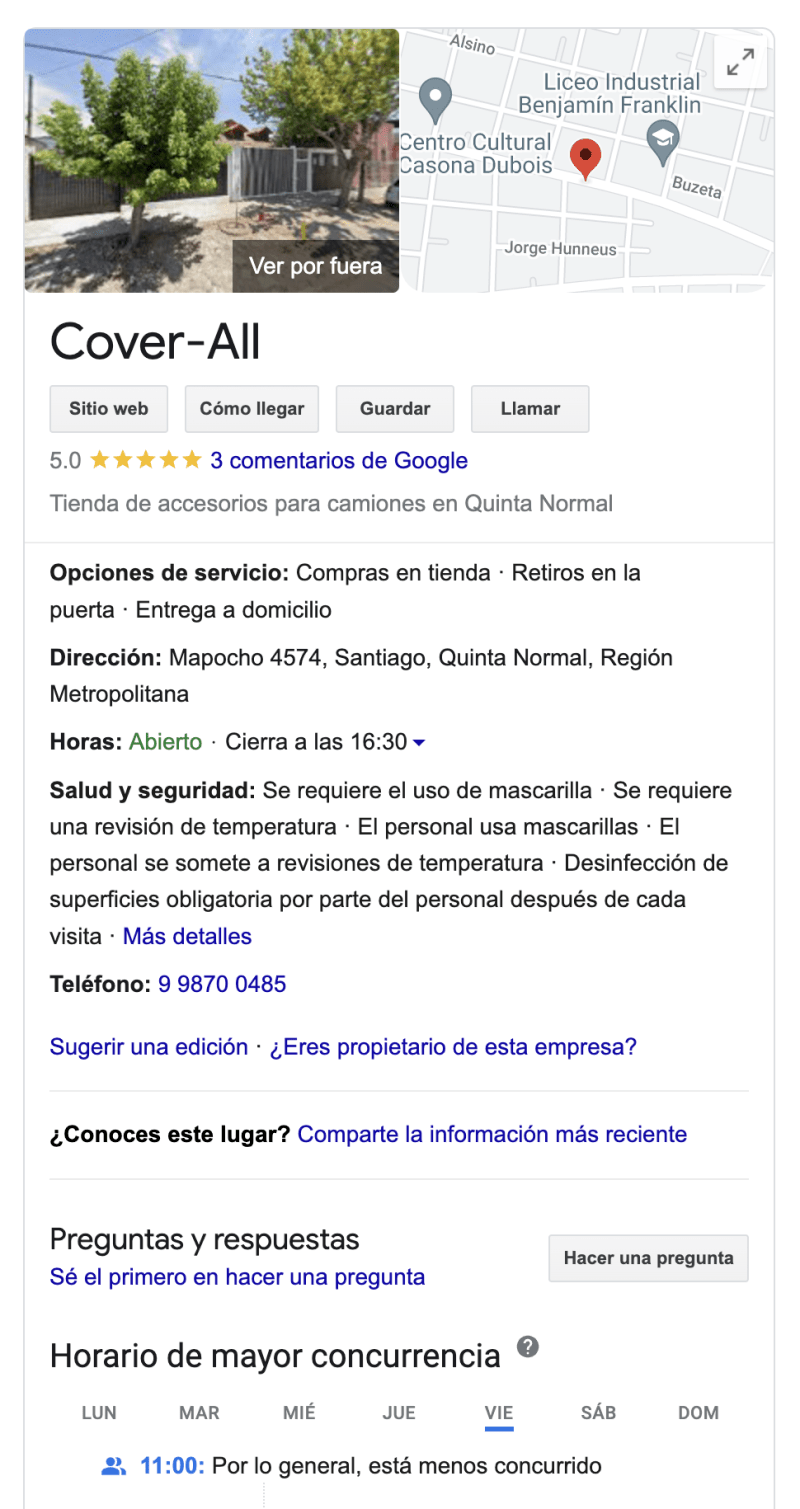 Example of how a business using Google Business Profile appears on Google