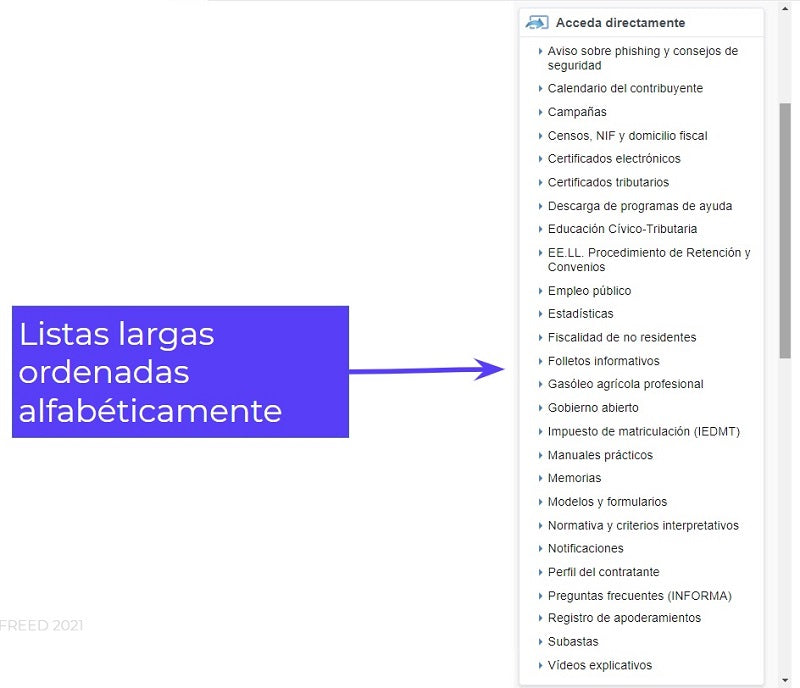 Screenshot of a menu arranged as a list in alphabetical order.