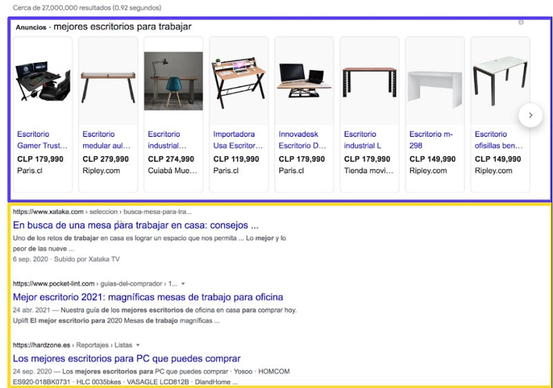 Google screenshots showing little visual difference between ads and organic results.