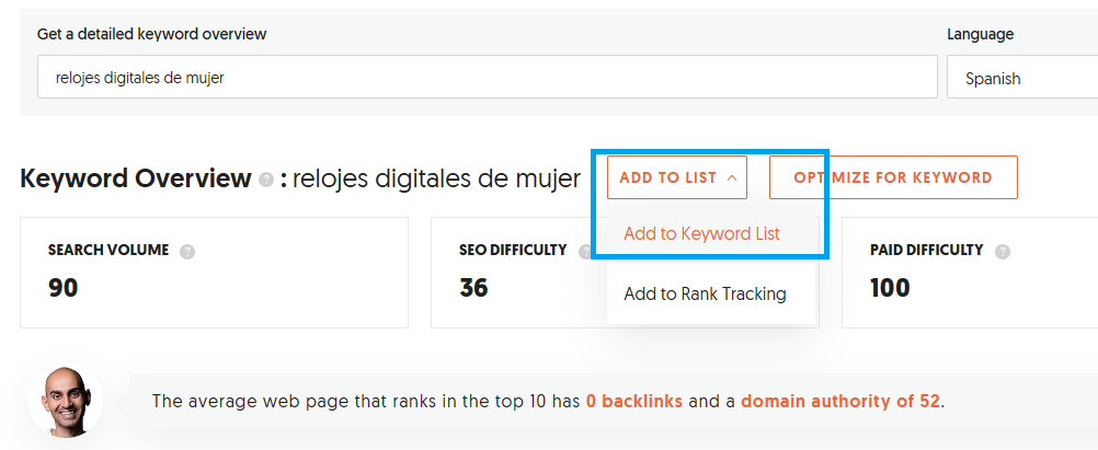 Example for creating keyword lists in Ubersuggest.