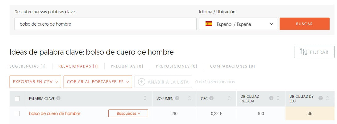 Screenshot of the Ubersuggest tool, showing a variation of the original keyword.