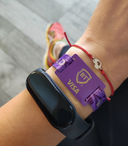 Close-up of the wristband with the purple mini-card