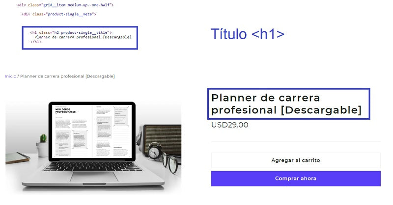 Example of a title seen in the page's source code with the <h1> tag and in the publication.