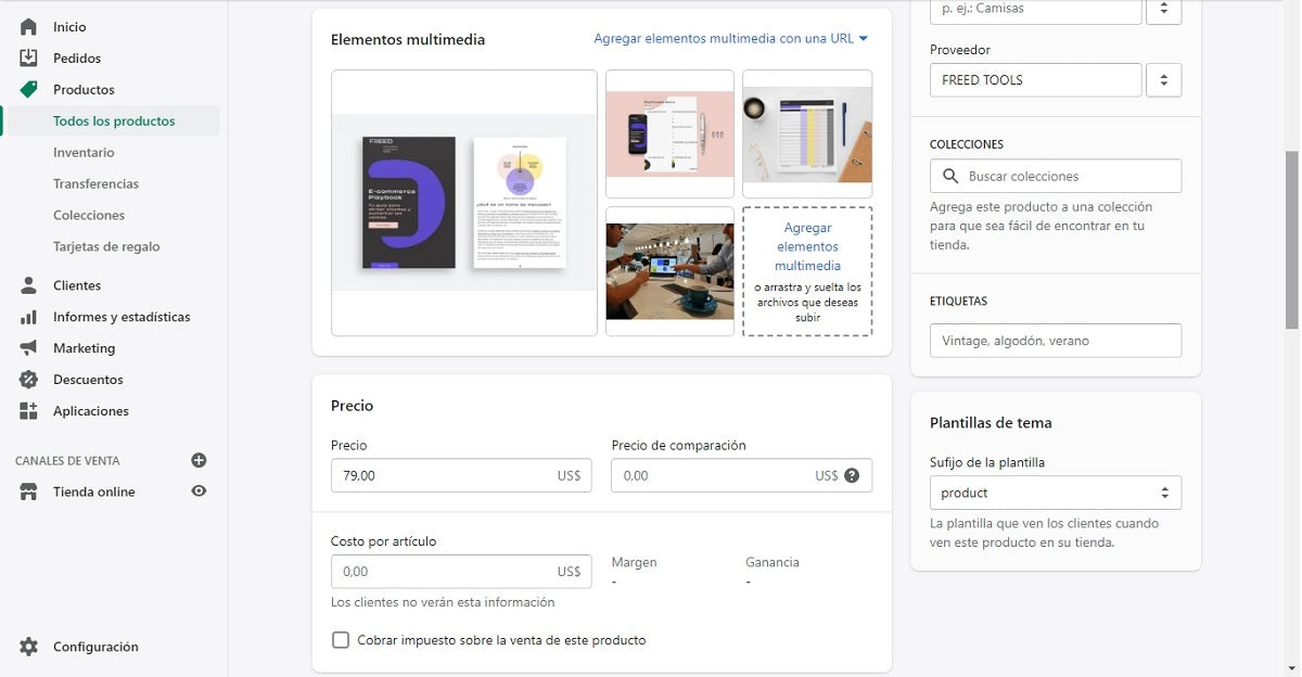 View of an e-commerce store's content editor.