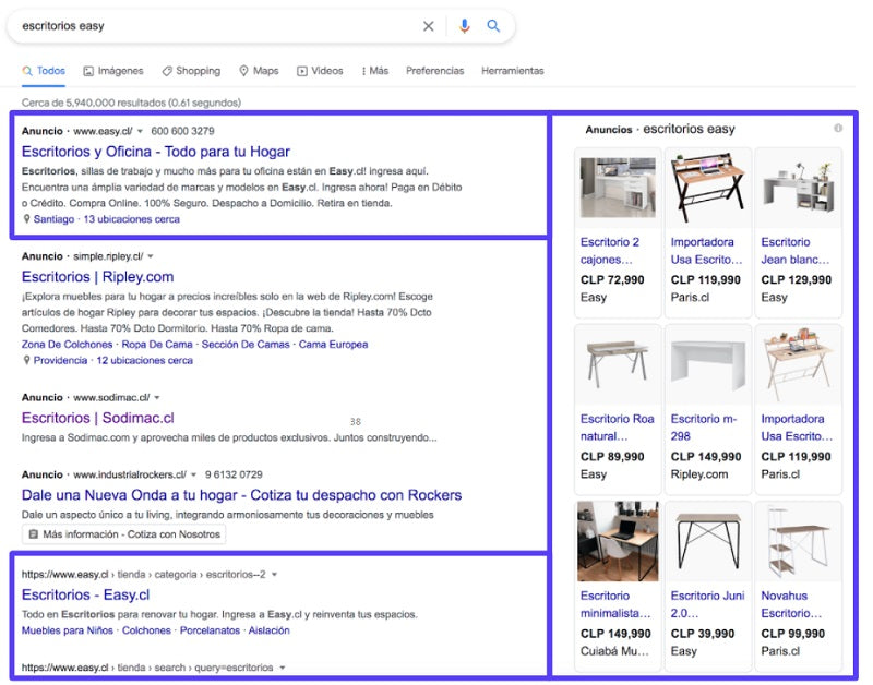 Google screenshot showing the same brand in paid ads and organic results.