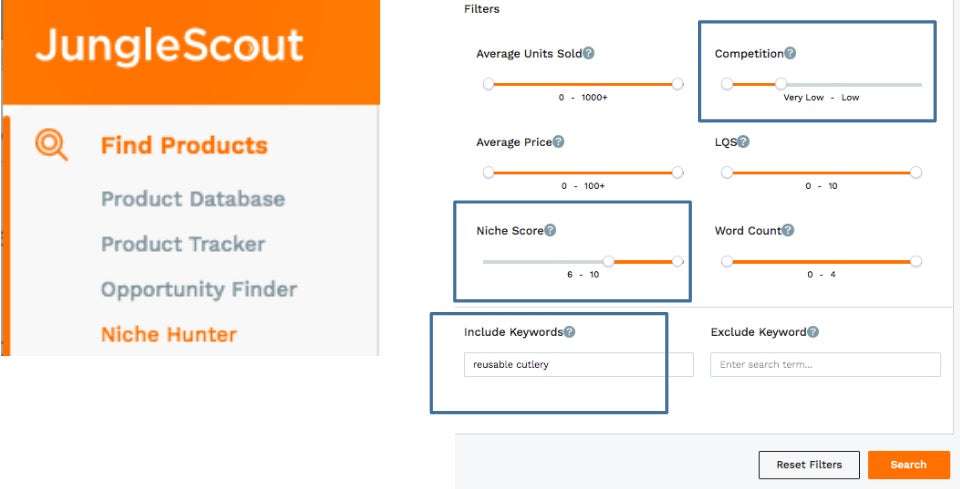 Screenshot of the Jungle Scout tool showing niche search and filters.