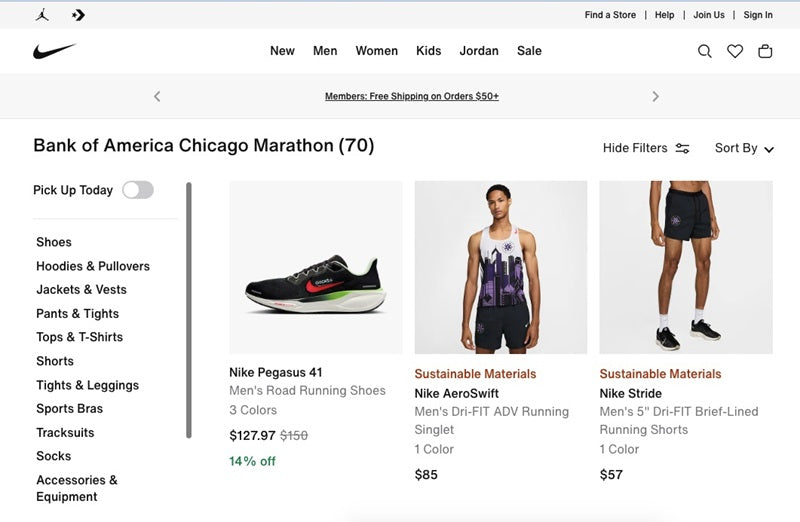 Screenshot of Nike's website showing promotional products for the Chicago Marathon 2024