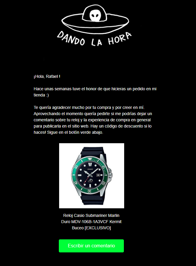 Example of an email to encourage a customer to write a review on a company's website after purchasing a product.