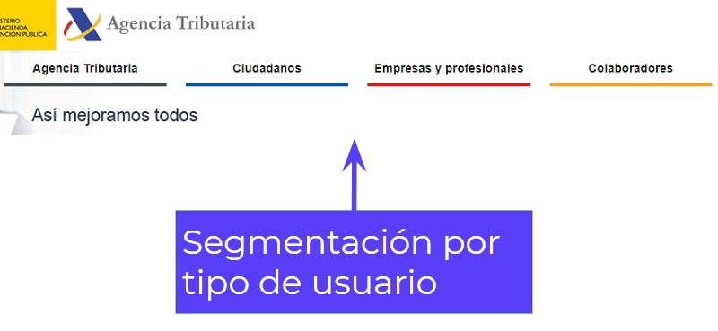 Screenshot of a website's main menu as an example of user segmentation.