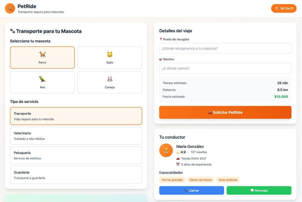 Capture d'écran montrant une partie de l'application PetRide.
